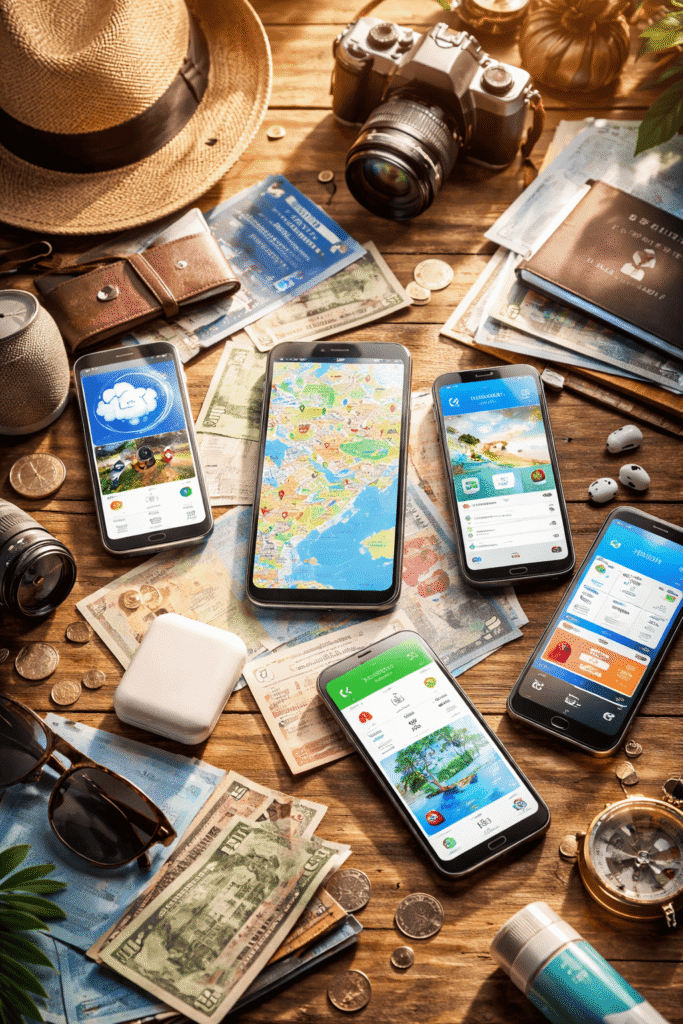 Apps imprescindibles para viajar: smartphones con mapas, pasaporte, cámara, dinero y accesorios de viaje sobre mesa de madera