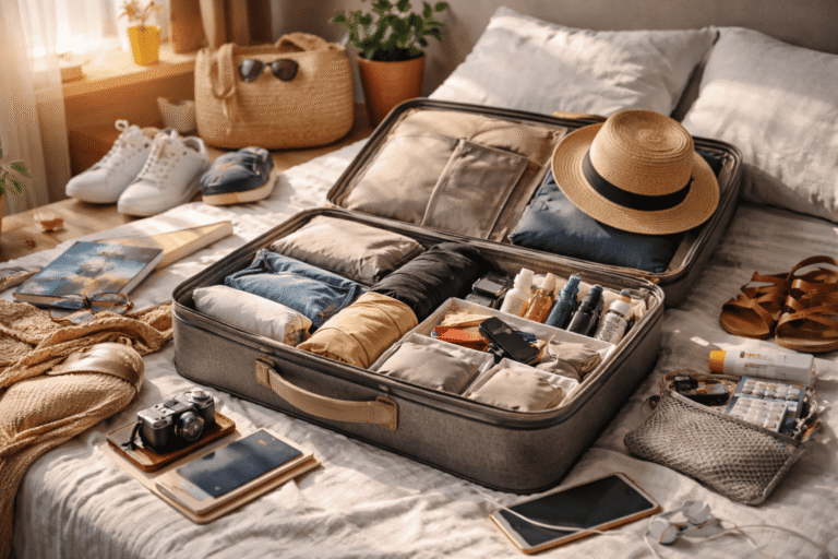 Maleta abierta perfectamente organizada con ropa enrollada, neceser y accesorios de viaje para un viaje de 15 días