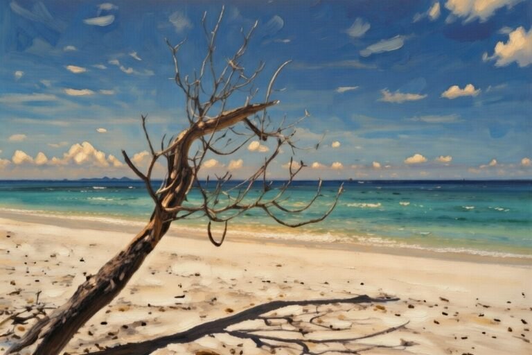 Árbol seco dramático en playa virgen de arena blanca con aguas turquesas al atardecer, estilo óleo vibrante y luz dorada tenue en paraíso tropical