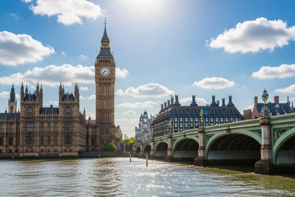 Descubre el Big Ben y las Casas del Parlamento de Londres bajo un cielo azul soleado. Mejores vistas desde el Támesis, tips para fotos perfectas y cómo llegar. ¡Planifica tu viaje inolvidable!