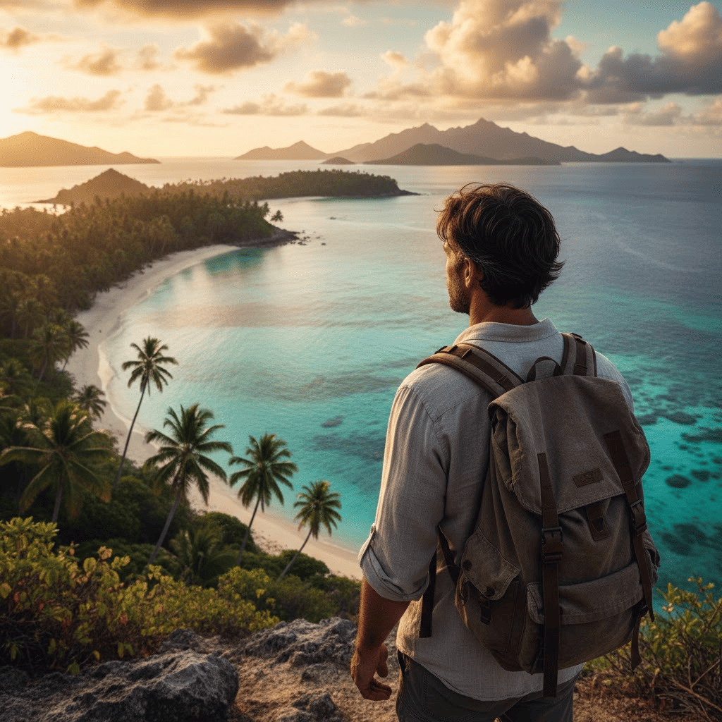 Hombre joven con mochila de espaldas observando una bahía paradisíaca con palmeras y montañas durante el atardecer.