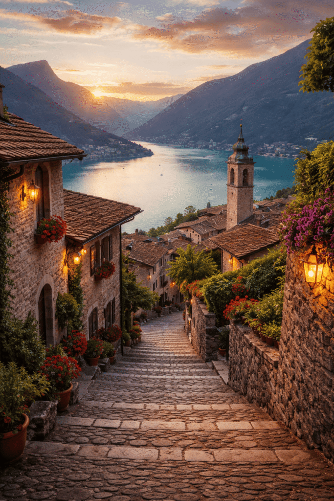 Calle empedrada en un pueblo europeo con casas de piedra y flores, con lago y montañas al atardecer.
